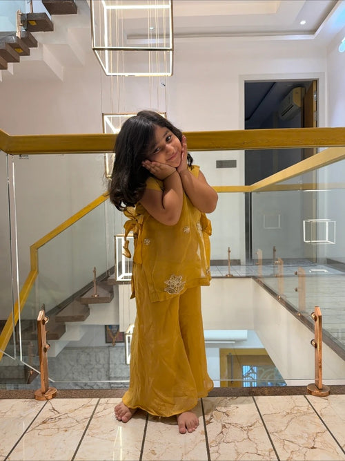 Mustard embroidered organza kurta set with bow sleeves